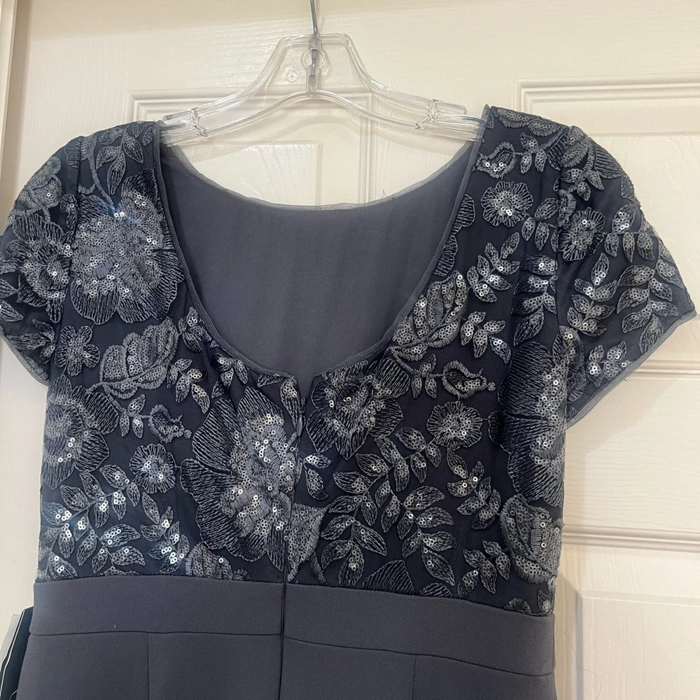 Adrianna Papell‎ Formal Dress Gown Gray Floral Embroidery  Ruffle Side Slit 2 - Picture 7 of 15